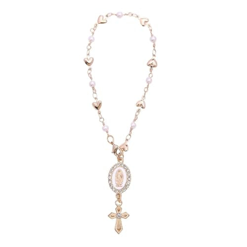 Steering Wheel Rosary Charm, Steering Wheel Accessory with Virgin Mary Charm & Cross, Pearl Heart Chain Catholic Car Interior Hanging Decor (White) - color: White