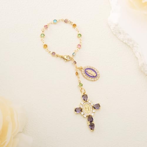 Virgen De Guadalupe Car Charm - Steering Wheel Accessory & Rearview Mirror Hanging, Cross Pendant Automotive Protection Decor - color: Gold-purple