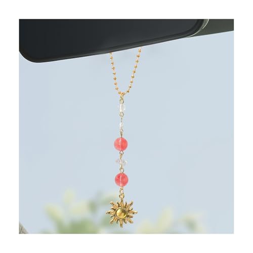 Sun Hanging Car Charm, Rear View Mirror Cute Boho Dangling Sun Car Decor Hanging Ornament, Handmade Healing Natural Crystals Stones Sun Catcher Mirror Pendant for Women Men (Pink) - color: Pink