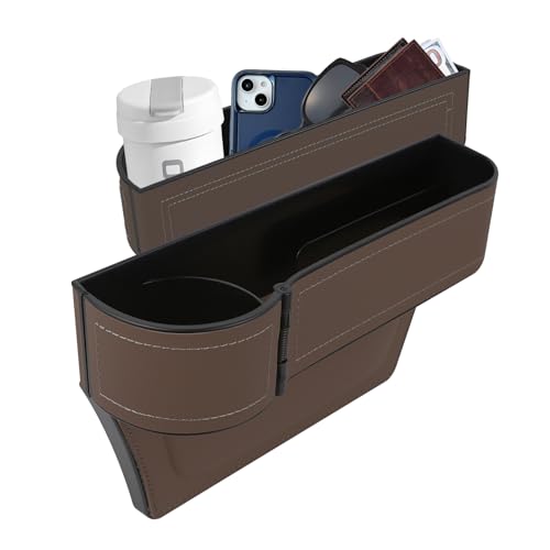 Car Seat Gap Filler Organizer, Multifunctional Car Seat Organizer with Adjustable Cup Holder, Leather Car Seat Gap Storage Box for Holding Phones, Coins, Cards, Keys, Pens (Brown) - color: Brown