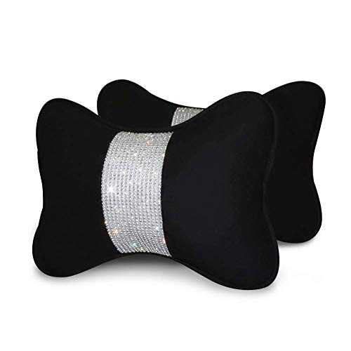2 - Pack Bling Car Seat Neck Rest Pillow Soft Plush Crystal Headrest Head Support Cushion Car Decor Accessories for Women,Universal Fit for Car Seat Headrest, Black