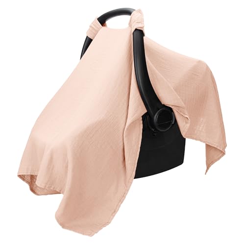 Comfy Cubs Baby Car Seat Cover - Soft, Breathable Bamboo Rayon and Muslin Cotton Blend - Lightweight Canopy for Sun, Bug, and Comfort Protection - Large Size Infant Seat Cover in Blush Design - color: Blush