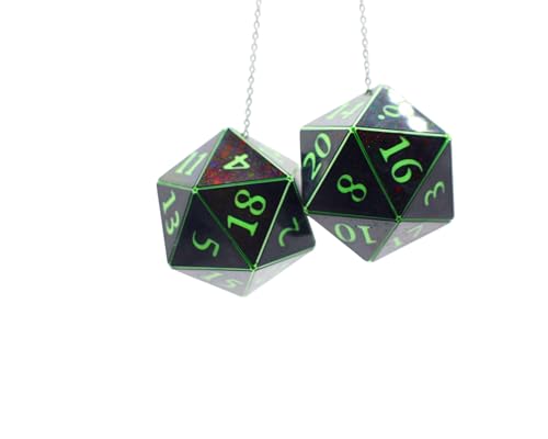 Pair of D20 Car Mirror Dice [2" Black and Green Holographic - "Alien Invasion"] - Handmade hanging car charm rear view mirror danglers - A magical and decorative gift for him or her - GameGleam