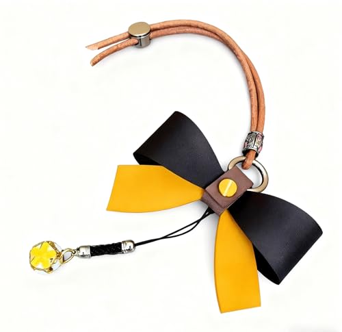 Oil Wax Testure Leather Bow Bag Charm, Bow Cute Car Rear View Mirror Hanging Ornament. Accessories Pendant Ornaments with Gold Bell, for Women,Man,Driver. (Black&Yellow)