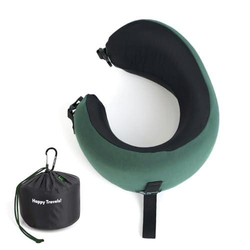 C CUSHION LAB Travel Pillow, Award-Winning Patented Ergonomic Design for Chin & Neck Support Memory Foam Neck Pillow, Compact Airplane Pillow for Traveling, Flight, Car (Hunter Green, Medium) - color: Hunter Green, size: Medium
