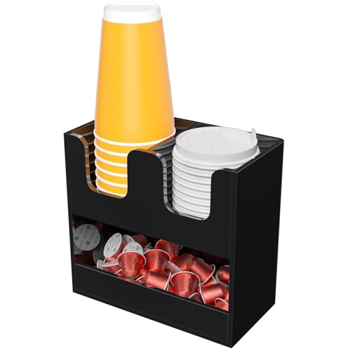 Beego 3-Compartment Cup Holder for Countertop - 2-Tier Black Acrylic Cup Dispenser Coffee Station Paper Cup and Lid Organizer Condiment Storage for Restaurant Breakroom Kitchen Bar Accessories - color: Black, size: 3 Compartments