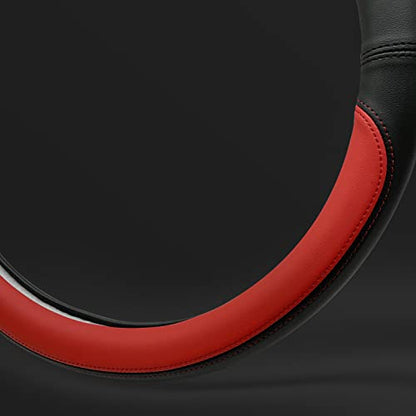 Morandi Color Steering Wheel Cover, Nappa Leather, Fashionable Sporty Style, Universal 15 inches, Black and red - color: Black and red