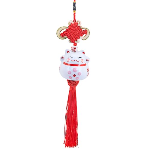 Cute Lucky Cat Charm Ceramic Japanese Maneki Neko Cat Hanging Pendant Lucky Cat Chinese Knot Decoration Charm Car Interior Home Decoration (Red) - color: Red