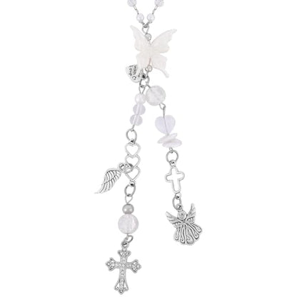 Angel Cross Rear View Mirror Charm - Crystal Angel Wing Pendant Hanging Chain, Religious Cross Car Suncatcher Ornament, Spiritual Car Interior Decor Gift for Women - style: Angel Cross
