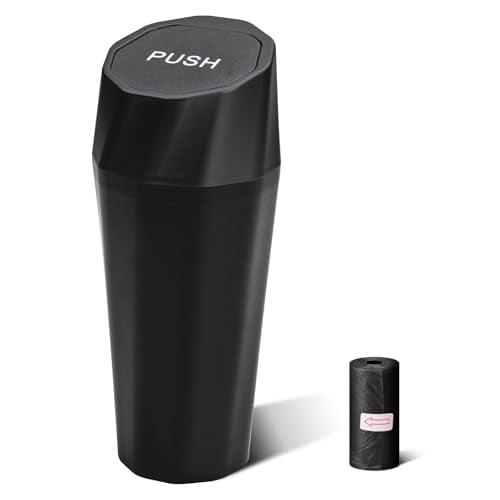 Car Trash Can Bin with Lid - Car Garbage Can with 20pcs Trash Bags for Cup Holder - Black Leakproof Mini Vehicle Trash Bin for SUV Truck - Small Car Organizers and Storage for Door Front Back Seat - color: Black