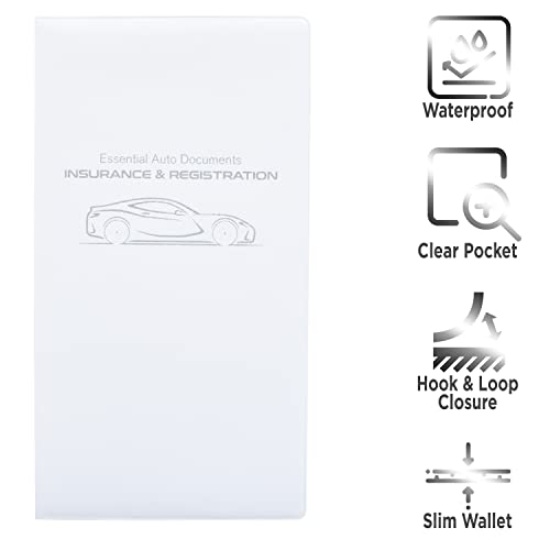 Andalus Auto Registration & Insurance Card Holder Pack of 2, Waterproof Essential Car Registration Holder with Hook & Loop Closure, Perfect for Every Vehicles Glove Boxes (White - 9.5" x 5.15") - color: White