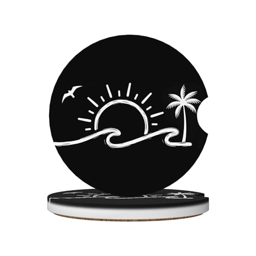 Sunset Waves Palm Trees Car Cup Holder Coasters 2 Pack Universal 2.63 Inch Anti Slip Ceramic Absorbent Coaster with Cork Base and Finger Notch Cute Car Accessories Interior for Women - color: Black