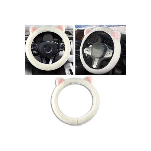 Car Steering Wheel Cover, Cute Steering Wheel Protector with Kitty Cat Ears,Fluffy Soft Plush for Winter Warm, Universal Fit 15 inches for Car,SUV, Elastic & Anti-Slip (White) - color: White