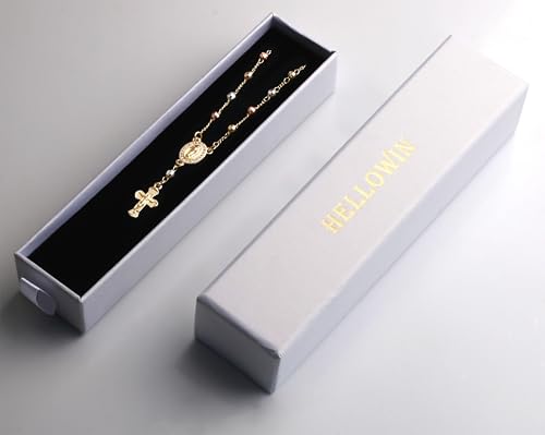 Gold Plated Beads Catholic Guadalupe Car Rearview Mirror Rosary Hanging Charm Chain for Women with Gift Box - color: Big-Faceted Beads