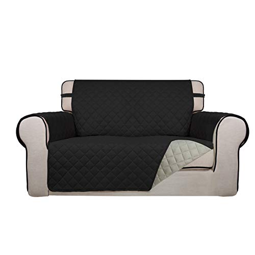 PureFit Reversible Quilted Sofa Cover, Water Resistant Slipcover Furniture Protector, Washable Couch Cover with Non Slip and Elastic Straps for Kids, Dogs, Pets (Loveseat, Black/Beige) - color: Black/Beige, size: Medium