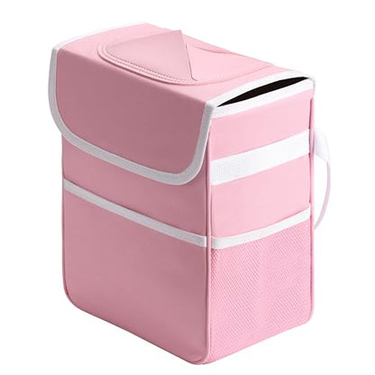 Healsmart 2 Gallon Car Trash Can Lid and Storage Pockets, Leak-Proof Collapsible and Portable Organizer, Multipurpose Garbage Bin with Adjustable Straps, Pink