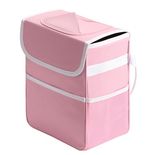 Healsmart 2 Gallon Car Trash Can Lid and Storage Pockets, Leak-Proof Collapsible and Portable Organizer, Multipurpose Garbage Bin with Adjustable Straps, Pink