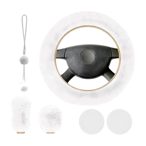 6 PCS Fluffy Steering Wheel Covers Set, 15 Inch Soft Steering Wheel Cover, Handbrake Cover & Gear Shift Cover & Cup Holder Coaster & Car Mirror Accessory, Car Accessories (White) - color: White