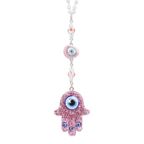 Hamsa Hand Evil Eye Car Charm - Pink Crystal Evileye Beaded Chain Rear Mirror Hanging Ornament, Spiritual Protection Ward & Lucky Car Interior Decoration for Women Men - color: Pink