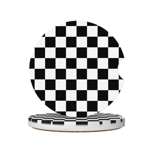 Black White Checkered Car Coasters for Cup Holders,2 Pack Car Cup Holder Coasters for Car,Ceramic Absorbent Car Coaster with A Finger Notch and Cork Base,Car Interior Accessories for Women Men - color: Black White Checkered