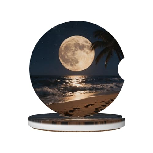 Moon Beach Waves Trees 2 Pack Car Cup Holder Coasters Absorbent Ceramic Drink Coasters 2.56" Universal Anti Slip Cup Mat with Cork Base and Finger Notch Auto Accessories Interior for Women Men - color: Purple