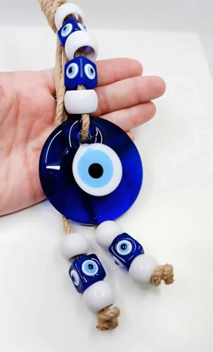 Blue Glass Evil Eye Turkish Greek Nazar Amulet Good Luck Charm - Handmade Hanging Ornament for Home, Office, Car Decoration, Garden, Blessing Ornament, Reflects Negative Energy (Large)