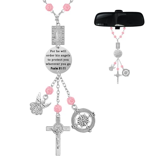 Car Rosary for Rearview Mirror Cross Car Charm Rosary for Mirror Hanging Psalm 91: 11 Bible Verse Charm Bracelets Religious Gifts New Driver Guardian Angel Gift for Women