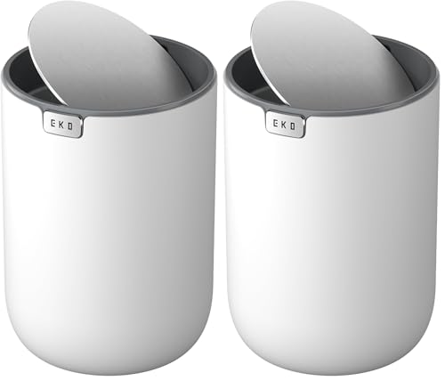 EKO Mini Desk Trash Can with Swing-Top Lid 0.4 Gallon Small Table Round Wastebasket for Office, Home, Car (White) (Pack of 2) - color: White, size: Tabletop 1.5 Liters (Pack of 2)