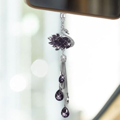 Bling Swan Car Hanging Ornament, Cute Crystal Rhinestone Car Rear View Mirror Accessories, Double Sided Car Decorations Pendant, Car Mirror Hanging Charm for Women Girls (Purple)