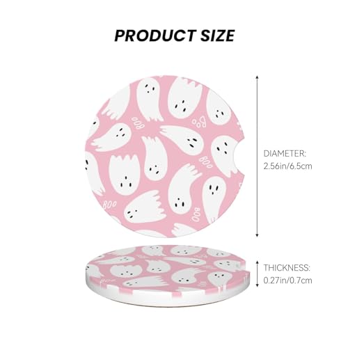 2-Pack Absorbent Car Coasters Pink Cute Ghost - Ceramic & Non-Scratch Cork Base Cup Holder Coasters Universal 2.56"