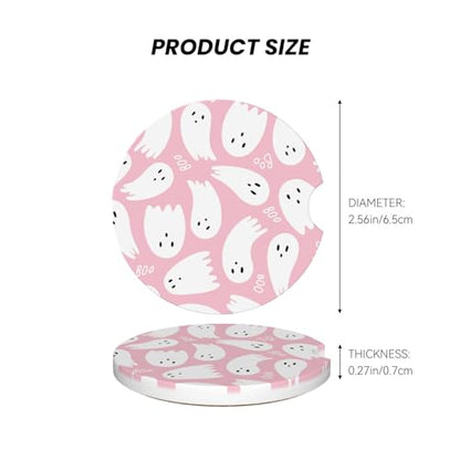 2-Pack Absorbent Car Coasters Pink Cute Ghost - Ceramic & Non-Scratch Cork Base Cup Holder Coasters Universal 2.56"