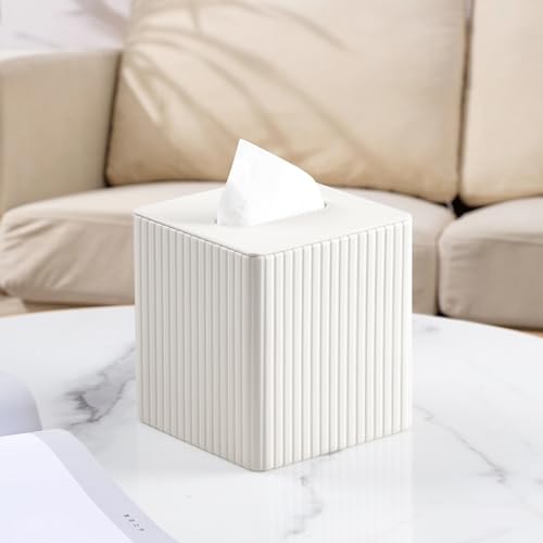 PU Leather Tissue Box Cover Square Tissue Box Holder with Magnetic Closure (Ivory Fluted) - color: Ivory Fluted