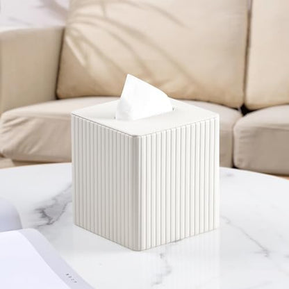 PU Leather Tissue Box Cover Square Tissue Box Holder with Magnetic Closure (Ivory Fluted) - color: Ivory Fluted