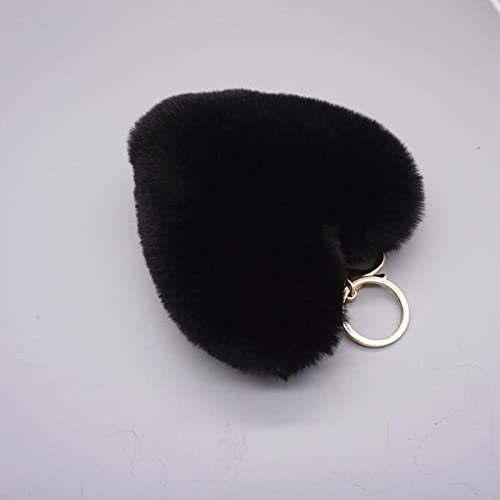 Cute Faux Rabbit Fur Ball Pom Pom Keychain Car Key Ring Handbag Tote Bag Pendant Purse Charm - color: Heart-black