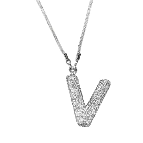 Bling Car Accessories for Women Letter Charm, Rear View Mirror Ornament Cute Hanging Crystal Pendant Girl Car Decorations, Lucky Diamond Rhinestone Girly Charm Interior (White V) - color: White V