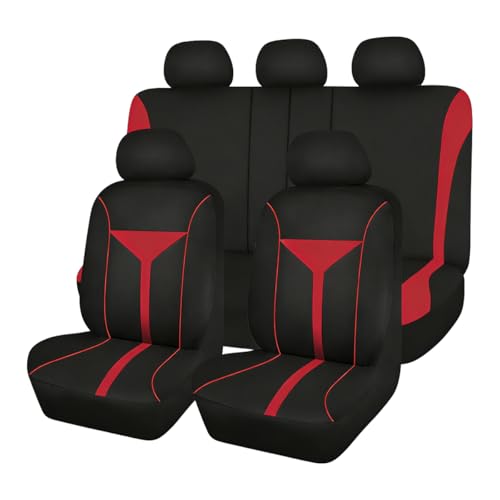 Osilly Car Seat Cover Full Set, Soft Breathable Sporty Vehicle Interior Seat Protector, Comfortable Automotive Front and Rear Split Bench Cover, Universal Fit (Red/Black) - color: Red/Black