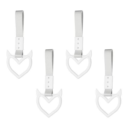 PATIKIL 4 Pcs Evil Heart Shaped Car Handle Straps, Car Hanging Accessories Bumper Warning Ring Drift Charm for Auto Bus Decor Interior Exterior Decoration, White (White Strap)