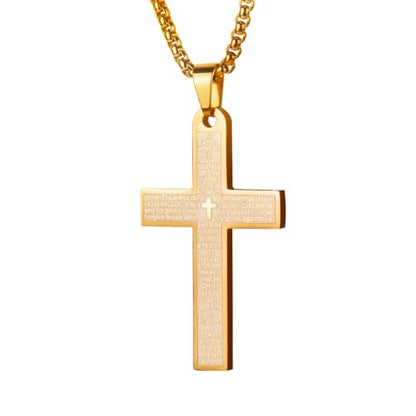 Cross Pendant for Car Rearview Mirror Hanging Cross Charm for Car Accessories Jesus Ornament Stainless Steel Lord's Prayer Cross Necklace With Bible Verse Religious Adult Men Jewelry (Gold)