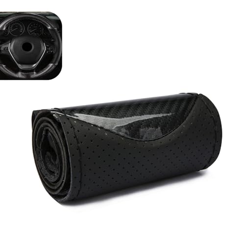 Car Leather Steering Wheel Cover, Breathable Perforated Anti-Slip Wrap, Anti-Scratch Microfiber Steering Wheel Protector, DIY Stitch on Wrap for Most Cars Trucks Pickups (Black)