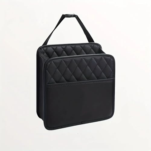Car Seat Back Organizer, Quilted PU Leather, Multi-Pocket Storage with Umbrella Holder, Black