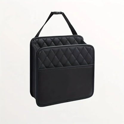 Car Seat Back Organizer, Quilted PU Leather, Multi-Pocket Storage with Umbrella Holder, Black