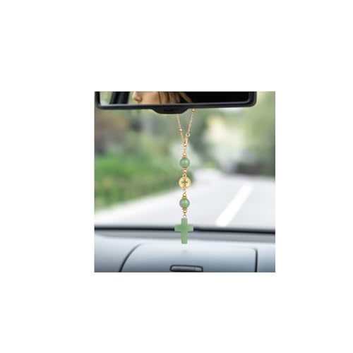 Cross Crystal Hanging Car Charm,Cute Healing Stones Car Decor for Rear View Mirror Boho Handmade Sun Catcher Ornament Accessories Green Aventurine Crystal Gifts for Women - color: Green Aventurine