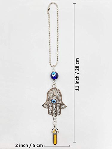 LUCKBOOSTIUM Hamsa Hand Amulet - Evil Eye Car Hanging Charm, Rearview Mirror Ornament, Goldstone Car Accessory, Protective Symbol for Luck & Positivity (2"x11") - color: Goldstone