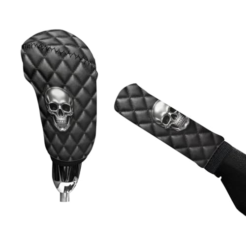 Skull Print Car Gear Shift Cover and Handbrake Cover Set, Soft Anti-Slip Car Handbrake Cover with Gear Shift Knob Covers, Easy to Install, Universal Fits, 2 Piece Set - color: Black and Gray - Skull