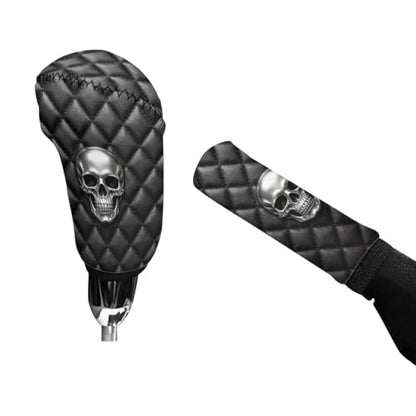 Skull Print Car Gear Shift Cover and Handbrake Cover Set, Soft Anti-Slip Car Handbrake Cover with Gear Shift Knob Covers, Easy to Install, Universal Fits, 2 Piece Set - color: Black and Gray - Skull