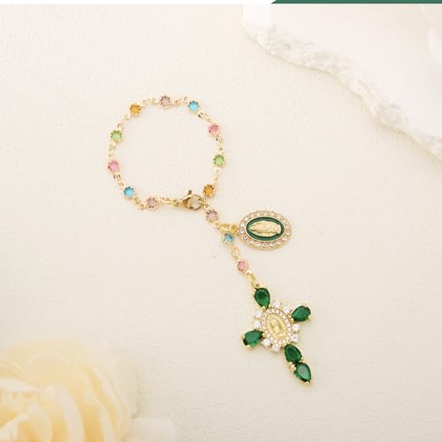 Virgen De Guadalupe Car Charm - Steering Wheel Accessory & Rearview Mirror Hanging, Cross Pendant Automotive Protection Decor - color: Gold-green