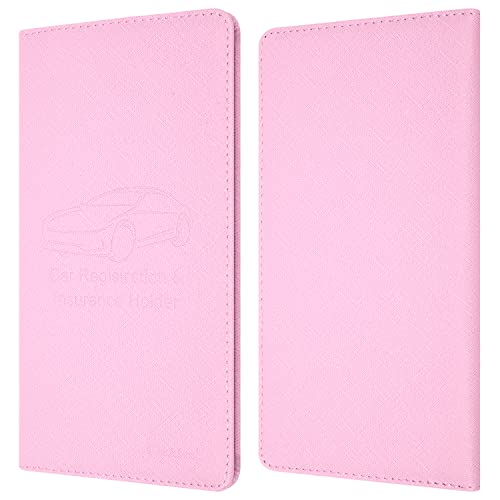 Car Insurance and Registration Holder, 9.5 x 5 Inch PU Leather Vehicle Glove Box Organizer Wallet Case for Insurance Card, Driver License, Paperwork - Pink - color: Pink