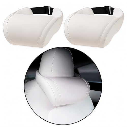 Car Headrest Neck Pillow Support Memory Foam Ergonomic Design Accessory for Driving Seat Fatigue Relief Compatible with Model S X 3 Y & Cybertruck - 2 Pieces - color: B. White Ver. 1