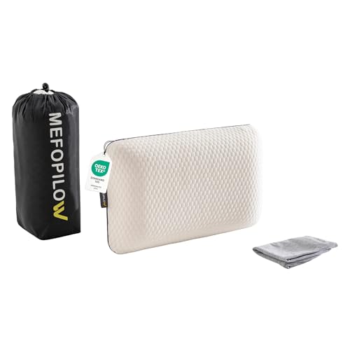 Memory Foam Travel Pillow with Washable Cover & Carry Bag – Compact, Soft & Breathable Neck Pillow for Airplane, Camping & Car (White- with Extra Gray Cotton Cover, 15.7x9.8x3.9 inches)