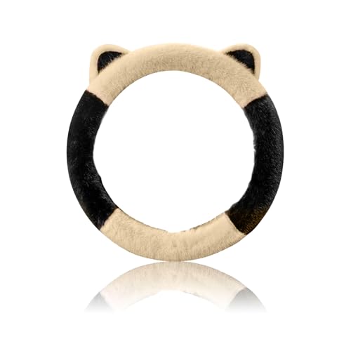 Car Steering Wheel Cover, Cute Steering Wheel Protector with Kitty Cat Ears,Fluffy Soft Plush for Winter Warm, Universal Fit 15 inches for Car,SUV, Elastic & Anti-Slip (Black/Beige) - color: Black/Beige